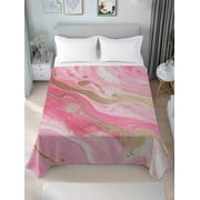Pink Marble King Size Flat Sheet, Wrinkleproof & Fadeproof Cooling Flat Bed Sheet Only, Golden Abstract Modern Ink Painting Breathable Soft Bedding Top Sheets 105 x 98 Inches