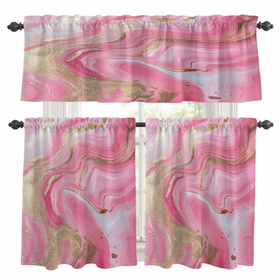 Pink Marble Kitchen Curtains Sets for Windows 24 Inch Length, Modern Abstract Luxury Golden Artwork Rod Pocket Window Treatments Tier Curtains and Valances Set for Bedroom/Bathroom