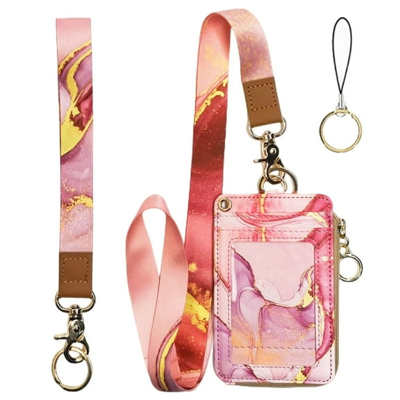 Pink Marble Lanyards for ID Badges Name Tags ID Card Holder,ID Badge Holder with Lanyard Keychain,Zipper Lanyard Wallet for Women Teacher Nurse Doctor Student Office