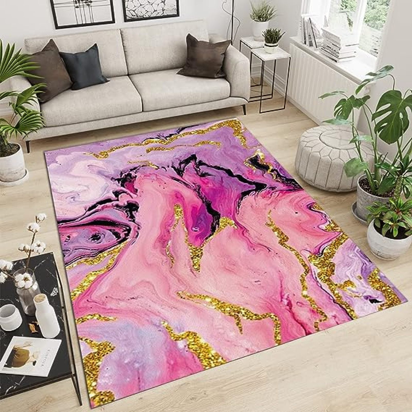 Pink Marble Large Area Rugs, Golden Vortex Runner Rugs, NonSlip Floor