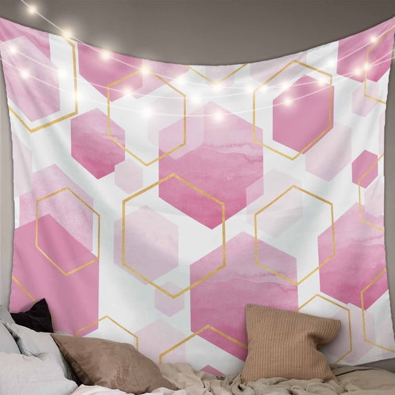 Pink Marble Large Tapestry for Bedroom Wall Hanging Tapestry, Gold White Geometric Hexagon Modern Ceiling Backdrop Tapestries Poster Blanket Wall Decor for Teens Room Living Room Dorm 86" x 104"