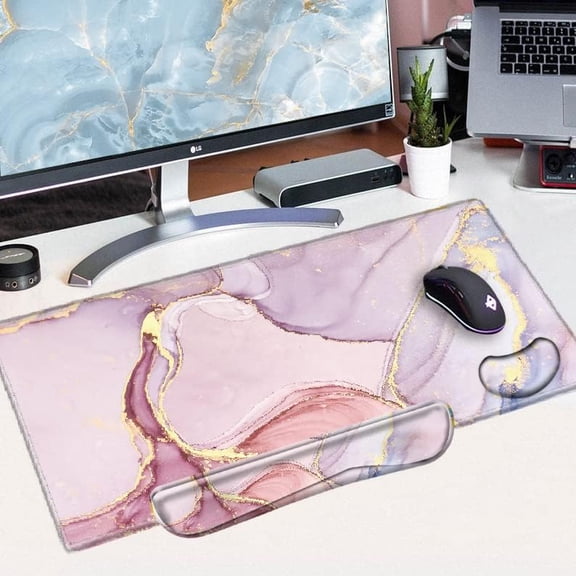 Pink Marble Mousepad Ergonomic Large Keyboard and Mouse Pad with Wrist Support Rose Gold Desk Mat 31.5x15.75 Desk Pad Non-Slip Base Computer Mat for Girls Home