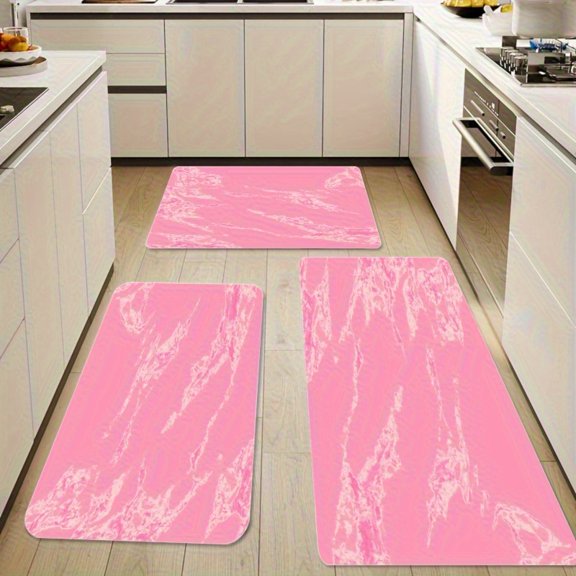 Pink Marble Non-Slip Flannel Kitchen Floor Mat Set of 3, 18"x47.5" for Doorway Kitchen Bathroom Living Dining Room