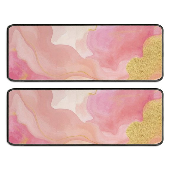 Pink Marble Pattern Kitchen Rugs Set Of 2, Crystal Velvet Kitchen Runner Mats with Non Slip Backing & Black Trim, Thick Sponge Padded Gifts for Family Friends,17” X 47"
