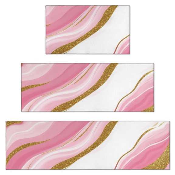 Pink Marble Pattern Kitchen Rugs Set Of 3, Crystal Velvet Kitchen Runner Rugs with Non Slip Backing, Durable Gifts for {Kitchen Entryway Laundry, Housewarming Christmas Birthday, Family Friends