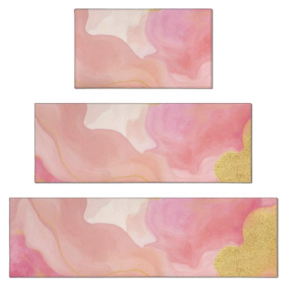 Pink Marble Pattern Kitchen Rugs Set Of 3, Crystal Velvet Kitchen Runner Rugs with Non Slip Backing, High Resilience Gifts for Kitchen Entryway Laundry, Housewarming Christmas