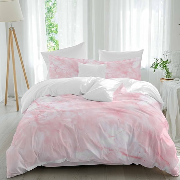 Pink Marble Queen Size Comforter Set, Abstract Pink White Gradient Stone Texture Modern Bedding for All Seasons, 4 Pcs Bed Set, 1Quiltcover (90"x92") ,1Sheet(94"x116"), 2Pillowcases (30"x20")