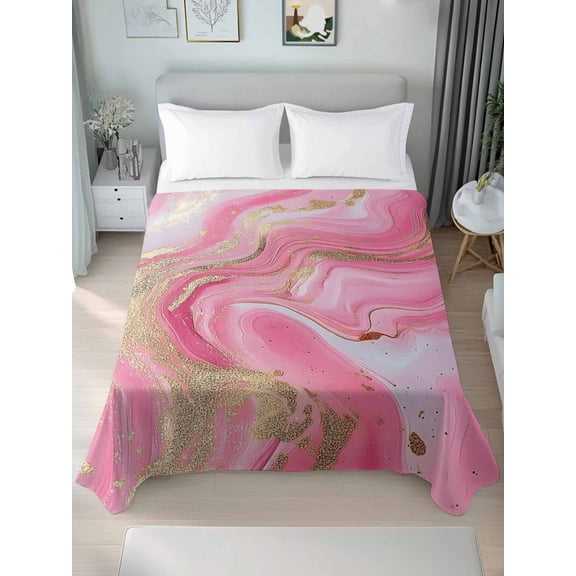 Pink Marble Queen Size Flat Sheet, Wrinkleproof & Fadeproof Cooling Flat Bed Sheet Only, Modern Abstract Luxury Golden Artwork Breathable Soft Bedding Top Sheets 90 x 102 Inches
