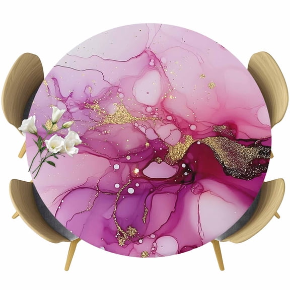 Pink Marble Round Fitted Table Cover Golden Waves Abstract Art Waterproof Table Cloth with Elastic Edge Wipeable Tablecloth for Picnic Camping Party Fits 36"-44" Diameter