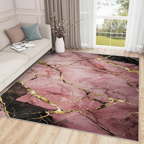 Pink Marble Rugs for Living Room, Modern Abstract Home Decor, Agate Washable Rugs for Living Room Bedroom, Pink and Gold Area Rug, Aesthetic Carpet, Marble Gifts for Women-2' x 3'