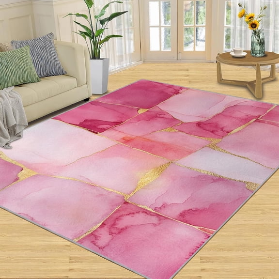 Pink Marble Rugs for Bedroom, Gilded Texture Area Rug, Luxury Marble Rug for Kitchen Living Room Bedroom Dining Room-5' x 8'