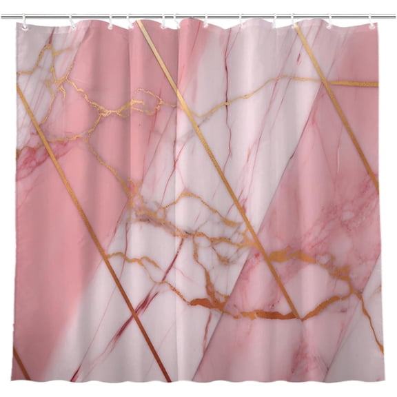 Pink Marble Shower Curtain for Bathroom, Modern Luxury Gold Texture Veins Marble Bathroom Shower Curtain Set Waterproof Polyester Durable Bathtub Curtain with 12 Hooks, 72x72 inches