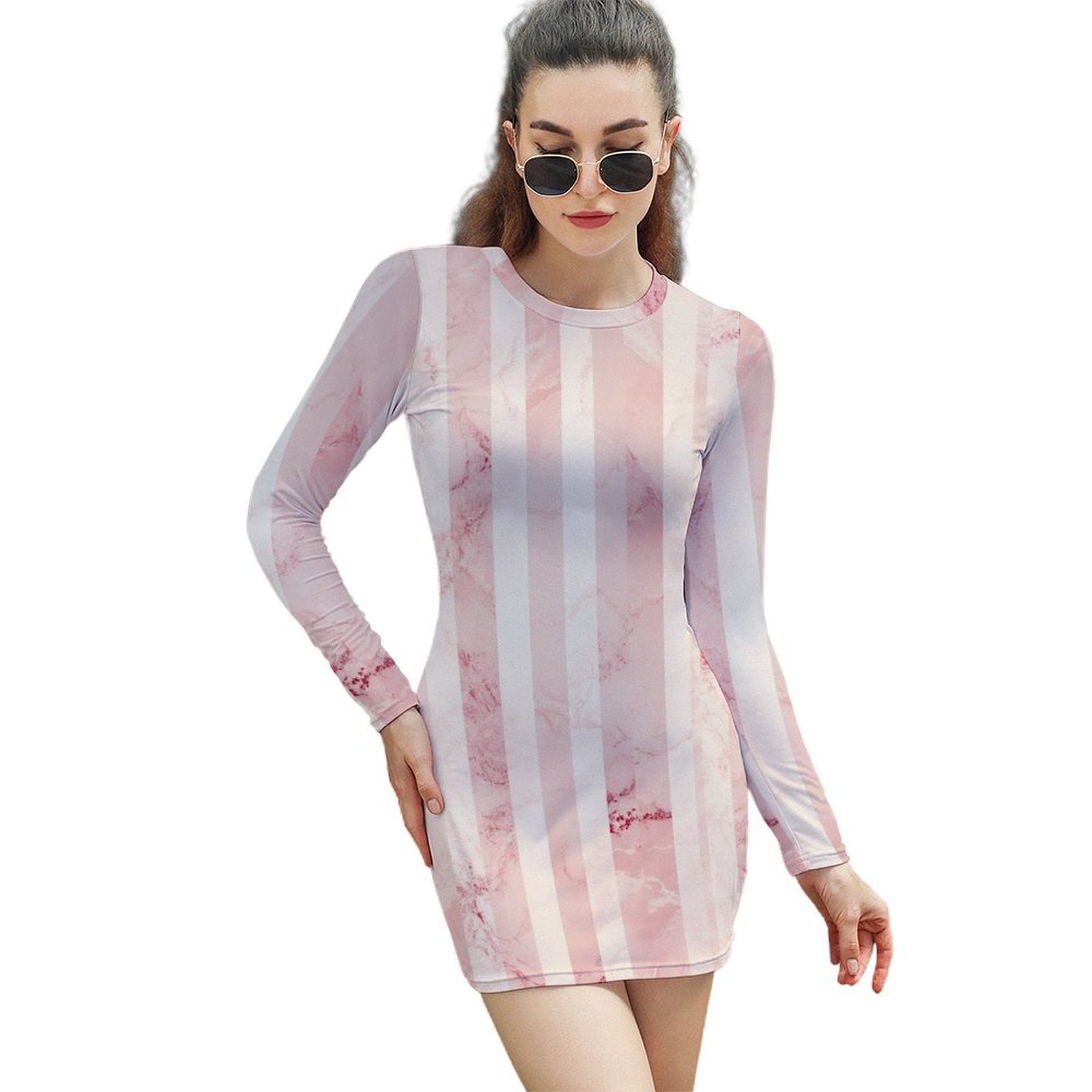 Pink Marble Striped Pattern Women's Long Sleeve Bodycon Dress Soft Stretchy  For Everyday Wear And Special Occasions - Walmart.com