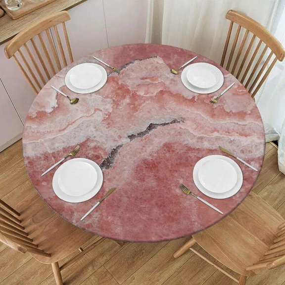 Pink Marble Surface Round Tablecloth Waterproof Elastic Edged Stone Texture Natural Print Fitted Table Cover for Indoor Outdoor
