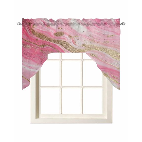 Pink Marble Swag Curtains for Kitchen Golden Abstract Modern Ink Painting Valances for Windows Rod Pocket Small Window Treatment Short Topper for Cafe Bedroom Bathroom Living Room Decor 56x36 Inch