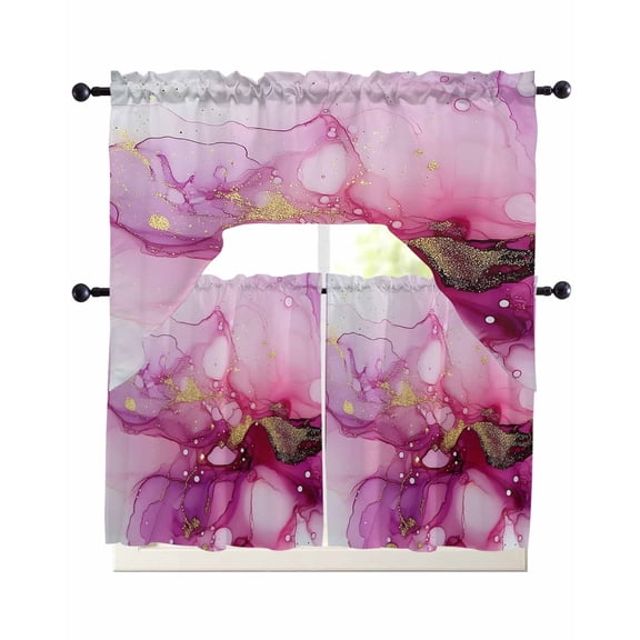 Pink Marble Swag Valance and Tier Curtains Set Golden Waves Abstract Art Kitchen Curtains 3 Piece Set Rod Pocket Panels for Bedroom Cafe Swag Valances and 36 inches Tiers