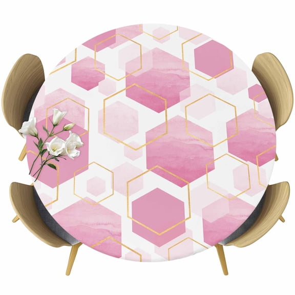 Pink Marble Table Cloth, Round Fitted Tablecloths with Elastic Edge, Gold White Geometric Hexagon Modern Wipeable Waterproof Table Cover for Kitchen Wedding 55-60 Inches