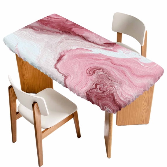Pink Marble Table Cloths for 6 Foot Rectangle Tables, Summer Ocean Wave Red Ombre Patio Waterproof Elastic Fitted Tablecloths, Washable Rectangular Table Cover for Camping