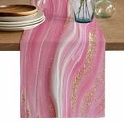 Pink Marble Table Runner, Modern Ink Painting Abstract Golden Washable Cotton Linen Table Runners 48 Inches Long, Dresser Scarf Runner for Nightstand/Coffee/End Tables 13x48