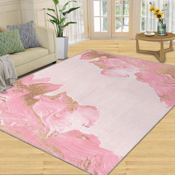 Pink Marble Texture Area Rugs Modern Luxury Gold-Plated Ink Graffiti Art Living Room Rugs, Non-Slip Carpet Non-Skid For Bedroom Living Room Kids Room 1x2ft