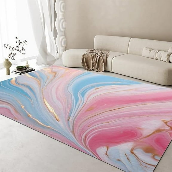 Pink Marble Texture Living Room Area Rug, Modern Aesthetic Art Design Bedroom Rug, Soft Low Pile Dining Room Carpet, Washable Nursery Kitchen Bathroom Rugs 4 x 5ft