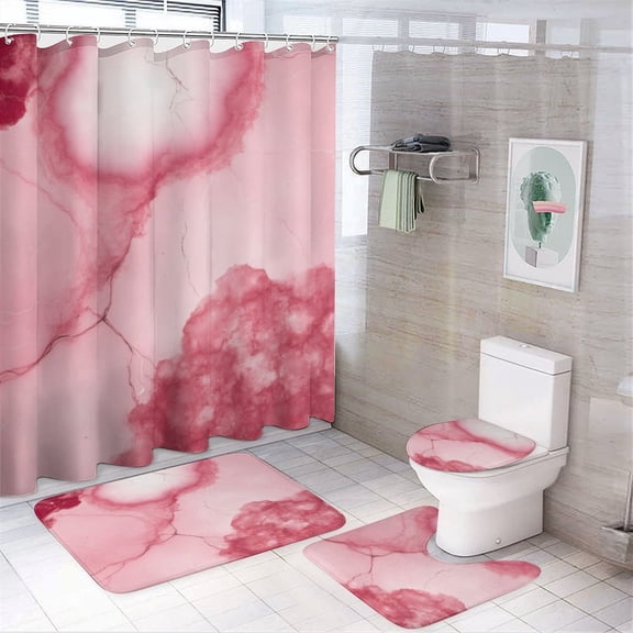 Pink Marble Texture Print Shower Curtain Bathroom Sets Toilet Lid Rug, Bath Mat And Contour Mat, Shower Curtain 4Pcs