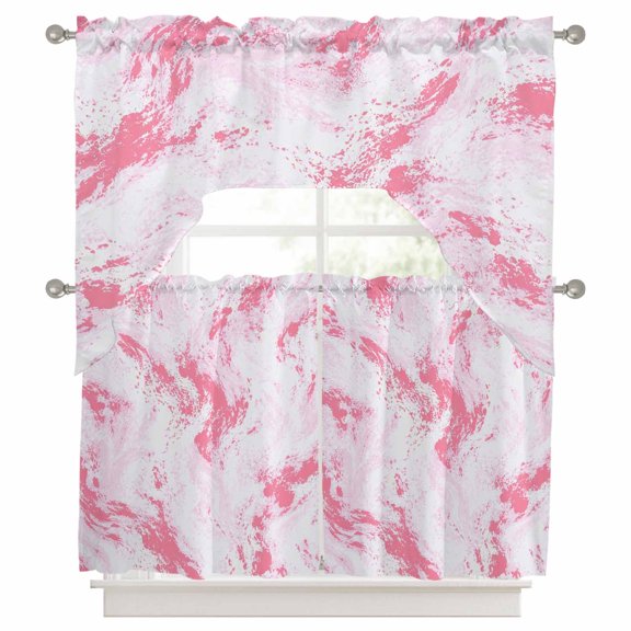Pink Marble Waves 3 Piece Swag Kitchen Curtains Set, Modern Abstract Art Minimalist Contrast Lines Valance and Tier Curtains 24 in Long, 56" x 36" Window Topper for Cafe Bathroom Bedroom