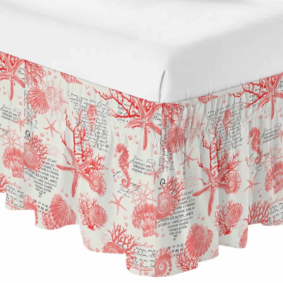 Pink Marine Shell Coral Starfish Bed Skirt 16 Inch Drop,Dust Ruffle Wrap Around Bed Skirts for Queen Size Bed, Ocean Life Newspaper Texture Adjustable Elastic Bedskirt Bed Frame Cover
