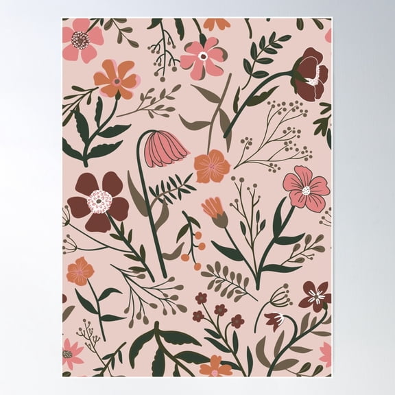 Pink & Maroon Botanical Garden Floral Print Poster Wall Art, Modern Wall Decor For Living Room Bedroom, 16x24 UNFRAMED