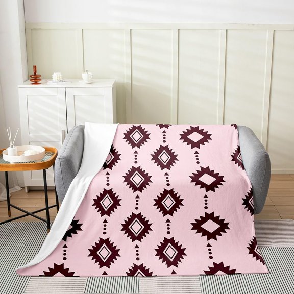 Pink Maroon Geometric Diamond Pattern Throw Blanket Soft Plush Fleece for Home Decor