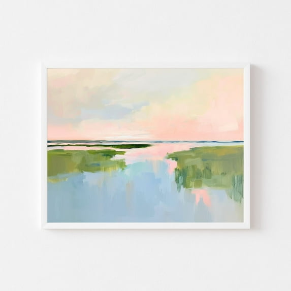 Pink Marsh Sunset Landscape Painting Pastel Lowcountry Coastal Watercolor Wall Art Print Carolina Beach House Wall Art Decor For Home Office, 24x36 UNFRAMED