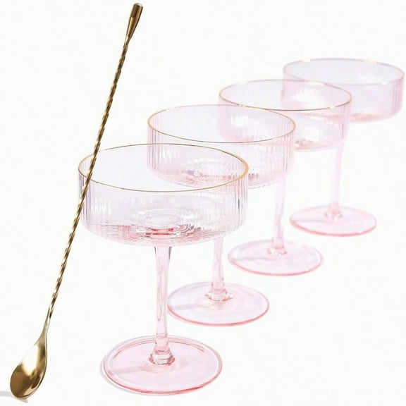 Pink Martini Glasses of 4 10Oz Vintage Ribbed Cocktail Glassware Set Golden Rim Hand Blown Glasses Unique Pink Couple Glasses for Champagne Martinis Wine