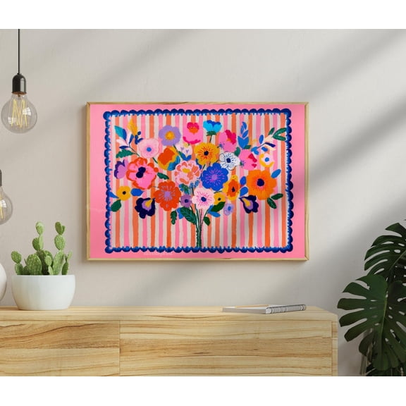 Pink Maximalist Floral Horizontal Over Bed Art Or Couch Wall Art Print, Botanical Bedroom And Living Room Decor