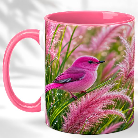 Pink Meadow Bird Coffee Mug, Grassland Bird Mug, Ceramic 11 oz