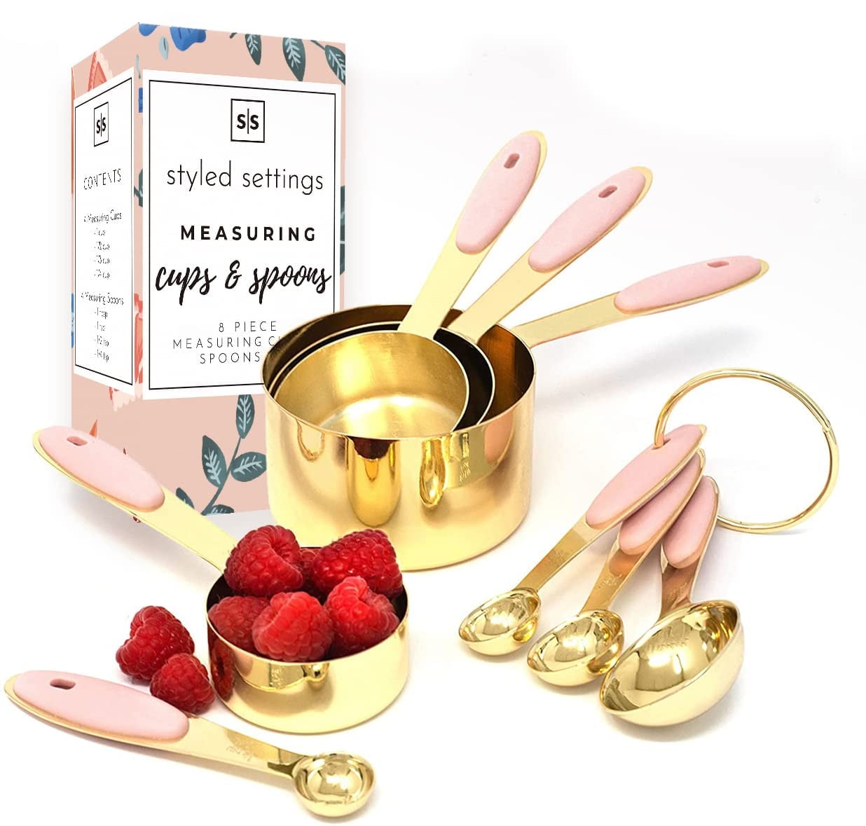 Styled Settings Pink Measuring Cups and Spoons Set, 8PC Gold and Pink ...