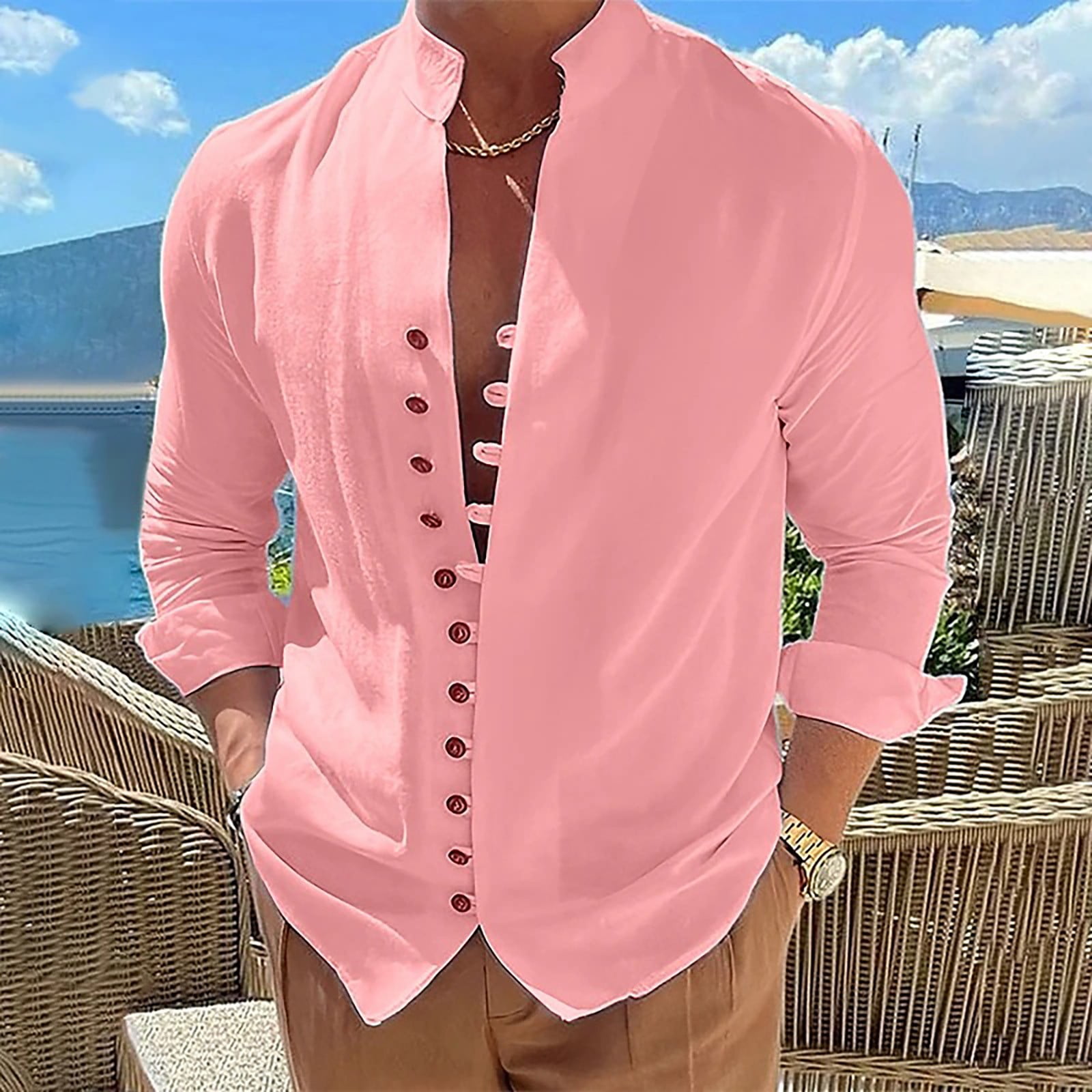 Pink Men Going Out Shirts, Athletic Fit Dress Shirts for Men, Long