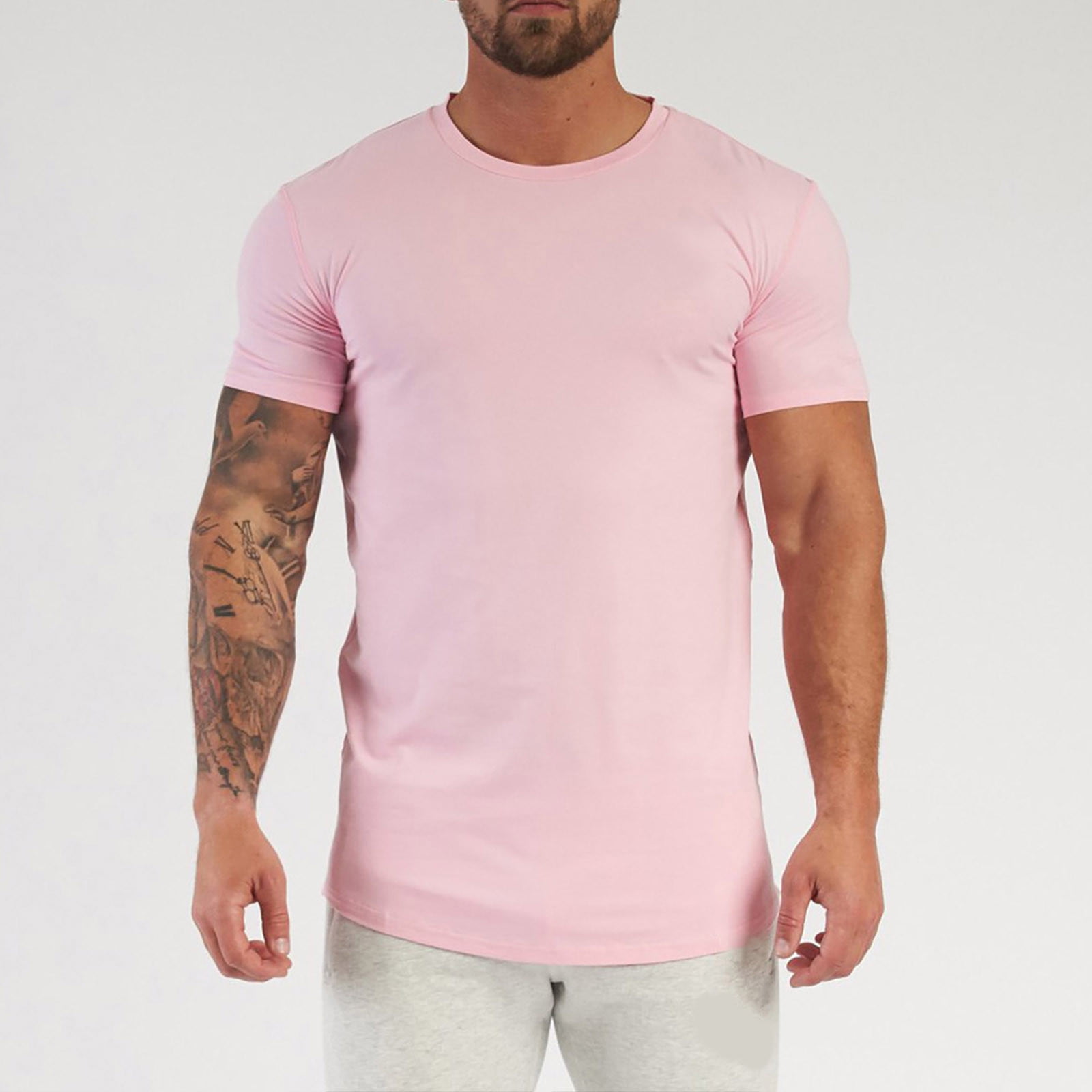 Pink Men\'S Dress Shirts Men\'s Breathable Ice Silk T Shirt Top Short Sleeve  Slim Fit Fashion Summer Round Neck Short Sleeve
