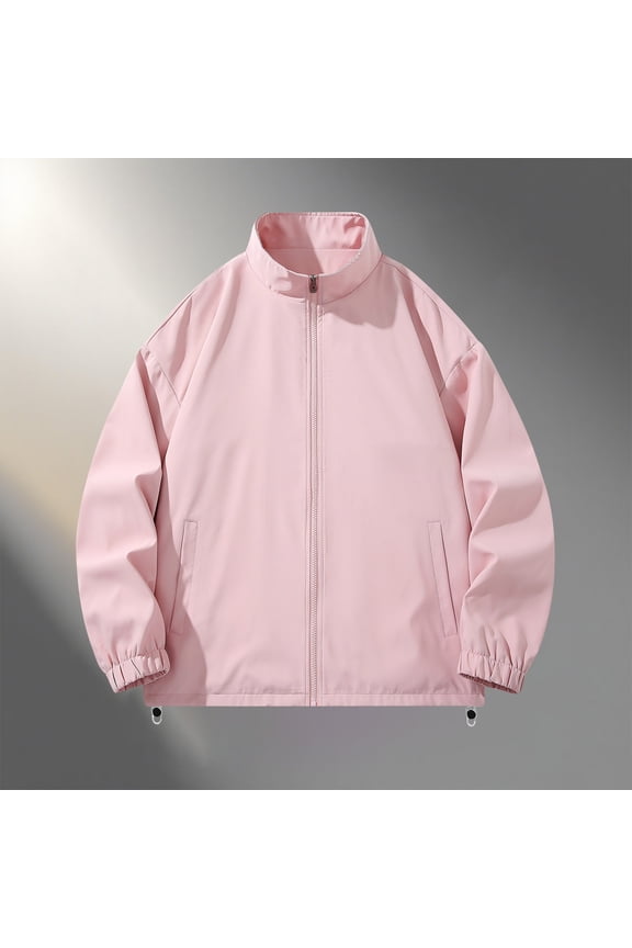 Pink Mens Jackets Zip Up Winter Plain Jacket Lightweight Casual Collar Pockets Men Coat
