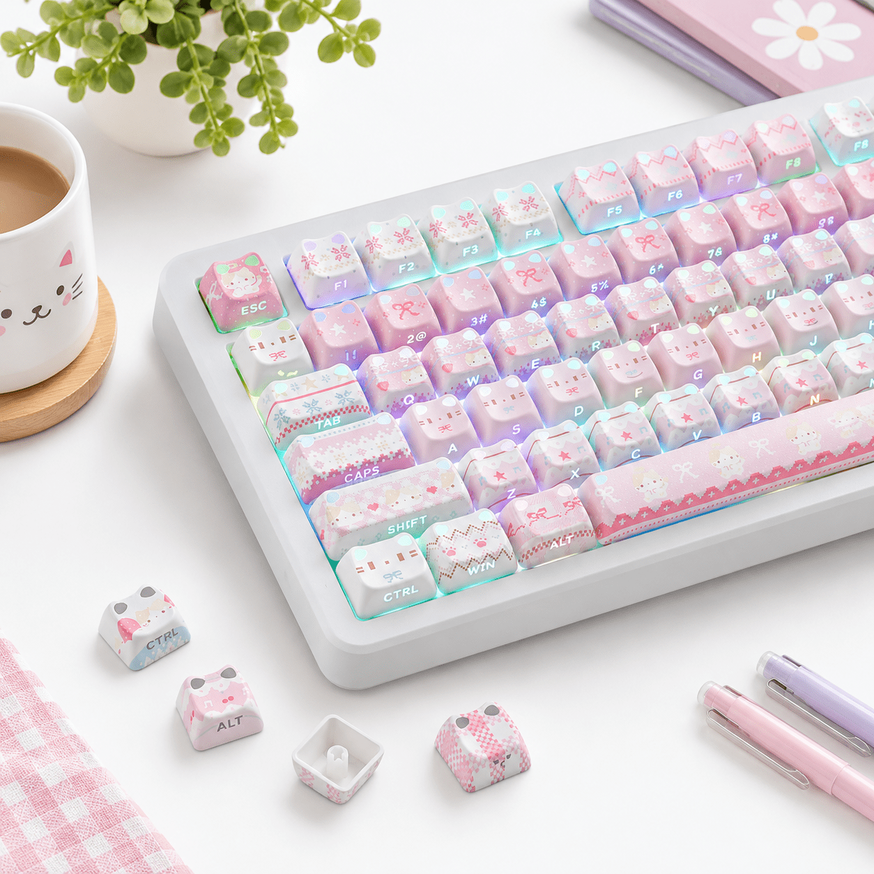 Pink Meow Cute Cat Themed Keycap Set, MAO Profile, 113 Keys for ...
