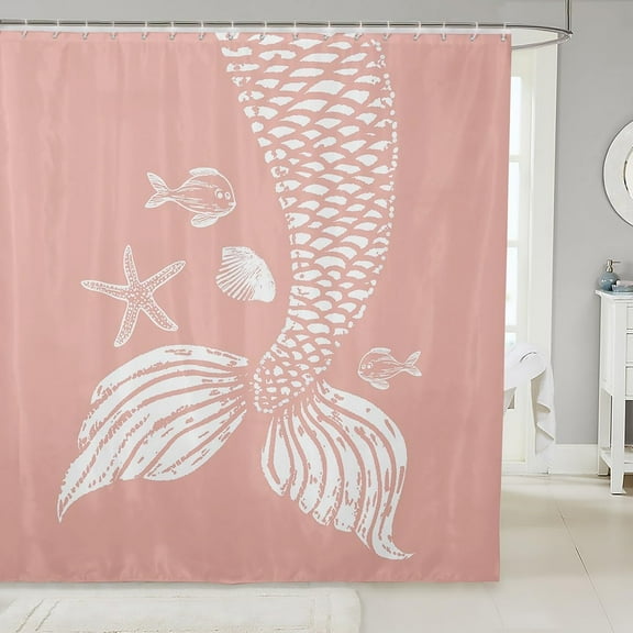 Pink Mermaid Shower Curtain 72x72 inch,Summer Fish Tail Bathroom Curtain for Bathtubs,Girly Mermaid Tail Fabric Shower Curtain Set,Coastal Starfish Waterproof Bathroom Curtains