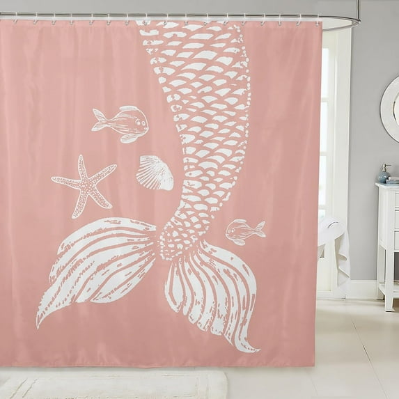 Pink Mermaid Shower Curtain 72x72 inch,Summer Fish Tail Bathroom Curtain for Bathtubs,Girly Mermaid Tail Fabric Shower Curtain Set,Coastal Starfish Waterproof Bathroom Curtains