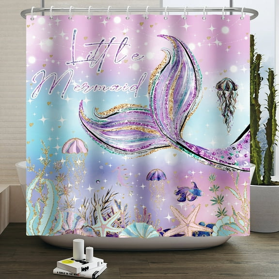 Pink Mermaid Shower Curtain,Sparkly Underwater Ocean Patterns Bathroom Curtain with Hooks,72"x72" Inch