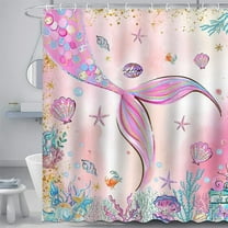 Pink Mermaid Shower Curtain Watercolor Mermaid Tail Shower Curtain for Girls Kids Bathroom Under The Sea Ocean Theme Shower Curtain Set with 12 Hooks, 72x72 Inches