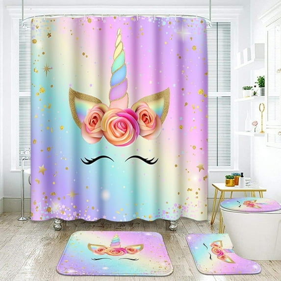 Pink Mermaid Tail Bathroom Sets with Shower Curtain and Rugs and Accessories, Bubbles Kids Shower Curtain Sets, Girl Gradient Shower Curtains for Bathroom,Modern Art Bathroom Decor 4 Pcs