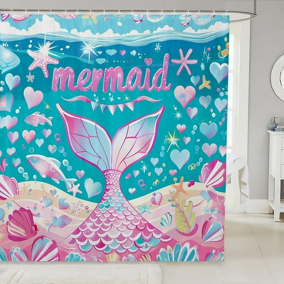 Pink Mermaid Tail Bathroom Waterproof Accessories with 12 Hooks Mermaid Shower Curtain for Kids Women Girls Ocean Fish Scales Fabric Shower Curtain Rainbow Sea Animal Curtains,72x72 Inches