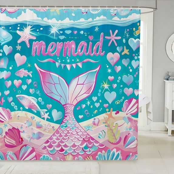 Pink Mermaid Tail Bathroom Waterproof Accessories with 12 Hooks Mermaid Shower Curtain for Kids Women Girls Ocean Fish Scales Fabric Shower Curtain Rainbow Sea Animal Curtains,72x72 Inches