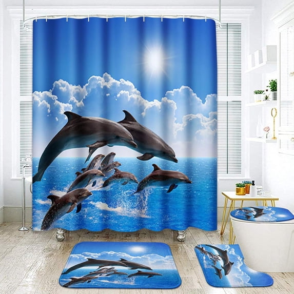 Pink Mermaid Tail Scales Bathroom Set with Shower Curtain and Rugs Accessories Sea Turtle Seahorse Octopus Conch Shower Curtain Set Cute Summer Bathroom Decor 4 Pcs