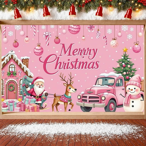 Pink Merry Christmas Backdrop Banner 71 x 43 Inch Xmas Santa Snowman Reindeer Background Banner Christmas Winter Holiday Birthday Party Decorations Indoor Outdoor Home Photo Booth Props