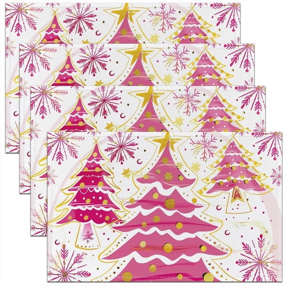 Pink Merry Christmas Placemats Set of 4 Xmas Tree Placemat for Kitchen Dining Table 18"x12" Winter Theme Snowflake Table Place Mats Happy New Year Indoor Outdoor Decor Table Mats
