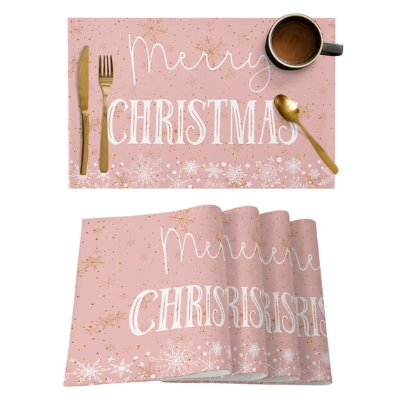 Pink Merry Christmas Placemats Set of 4, Xmas Winter Snowflake Yellow Pink Placemats for Dining Table, Place Mats for Kitchen Tabletop, Waterproof Wipeable Dining Table Mats Set